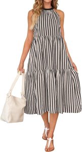 ZESICA Women's Summer Striped Midi Dress 2024 Casual Sleeveless Halter Neck Tiered Flowy Holiday Long Dress