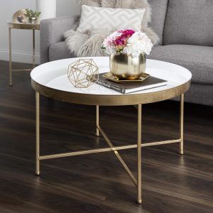 Kate and Laurel Celia Modern Glam Round Metal Coffee Table, 28.25" x 28.25" x 19", White and Gold Leaf, Chic Sophisticated Accent Table