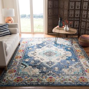 SAFAVIEH Monaco Collection Area Rug - 6'7" x 9'2", Navy & Light Blue, Boho Chic Medallion Distressed Design, Non-Shedding & Easy Care, Ideal for High Traffic Areas in Living Room, Bedroom (MNC243N)